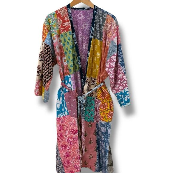 Patchwork Floral Boho Cotton Tie Robe w/Pockets Made In India Small/Medium - Picture 2 of 10